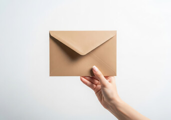 Female hand holding blank brown craft envelope for mail or invitation mockup