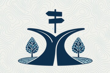 Diverging pathways marked by directional signs amidst a stylized environmental backdrop representing decision making and growth opportunities in life and nature
