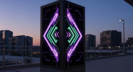Futuristic Illuminated Structure Displaying Abstract Geometric Designs In Urban Setting