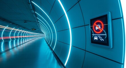 Futuristic Illuminated Tunnel With Prohibition Icon And Light Trails Displayed