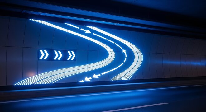Futuristic Illuminated Tunnel With Arrows Suggesting Direction And Modern Road Design - Powered by Adobe