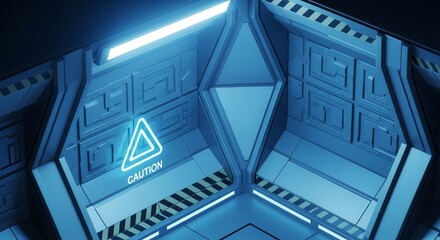Futuristic Interior Illuminates Caution Sign In A Modern, Industrial, Cyberpunk-Inspired Design