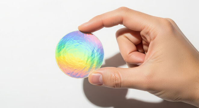 Hand holding shiny iridescent disc with rainbow light reflection on white background.