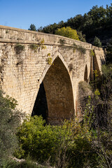 Gothic bridge over the Cantavieja River, dated 1397, Todolella, province of Castellón, Valencian...