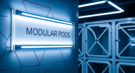 Futuristic Space: Illuminated Modular Pods Sign on a Blue Tiled Wall Inside