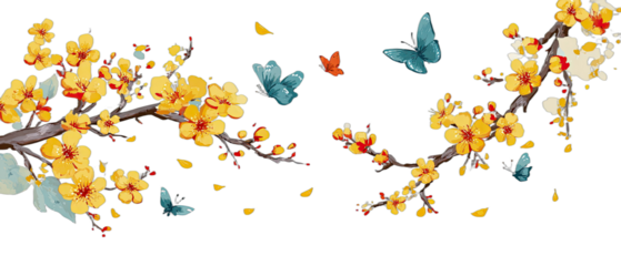 Branches with yellow blossoms and colorful butterflies on a black background