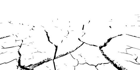 “High-contrast cracked earth texture in black and white, showcasing dry soil patterns and natural fractures. Perfect for backgrounds, overlays, abstract designs, environmental themes, and graphic art.