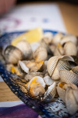 Grilled clams in a Galician restaurant, Santiago de Compostela, province of La Coruña, Galicia, © Tolo
