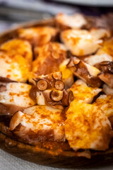 Galician style octopus, Santiago de Compostela, province of La Coruña, Galicia,