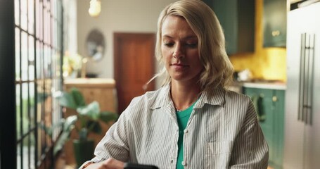 Woman, phone and texting with remote work from home, scroll and networking with notification for deal. Person, smartphone and virtual assistant on mobile app, smile or social media on break at house - Powered by Adobe