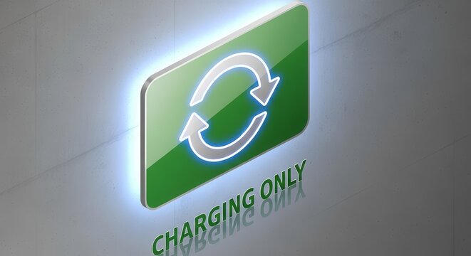 Green Digital Icon Showing Charging Symbol And Reflective Text On A Grey Wall - Powered by Adobe