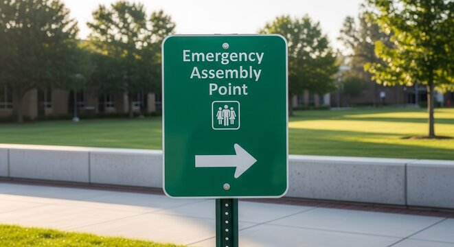 Green Sign Directing To Emergency Assembly Point Outdoors For Safety