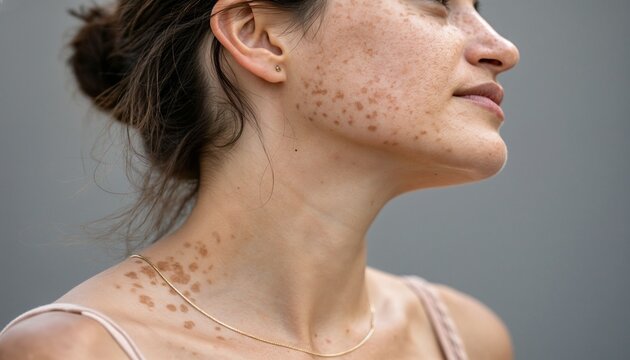 Side view of woman with dark pigmentation spots on face and neck, skin condition