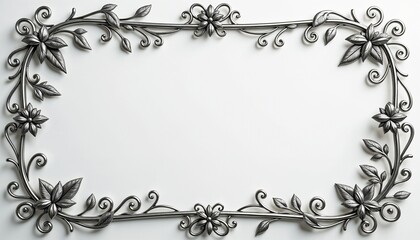 Thin ornamental silver frame with botanical curls and fine details, isolated background, large blank interior for text