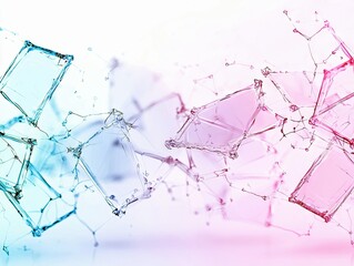 Sharp, angular fragments of translucent glass, colored with a gradient from blue to pink, are suspended and interconnected, suggesting a dynamic, fragmented str