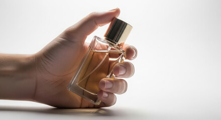 Naklejka premium Hand holding elegant glass perfume bottle with golden cap ready to spray