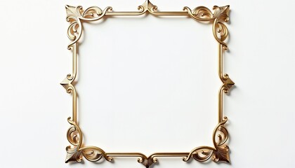 Thin golden square frame with curling floral engravings and warm highlights, isolated white background, ornate for text