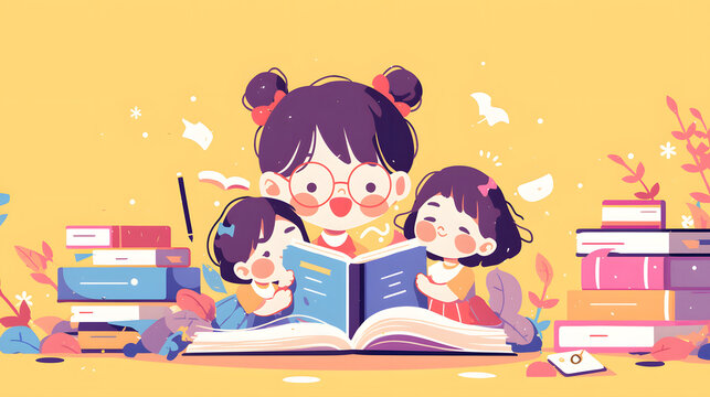 chibi children reading books together with children