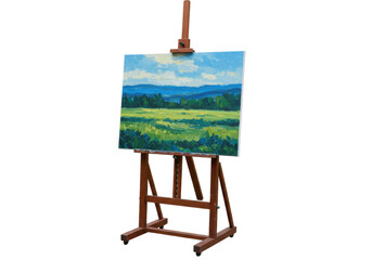 Isolated painting of a landscape on an easel, vivid colors, field, hills, and cloudy sky scene