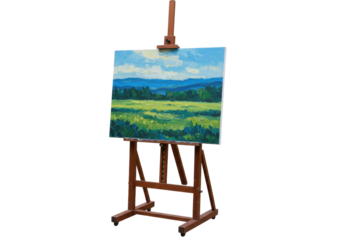 Isolated painting of a landscape on an easel, vivid colors, field, hills, and cloudy sky scene