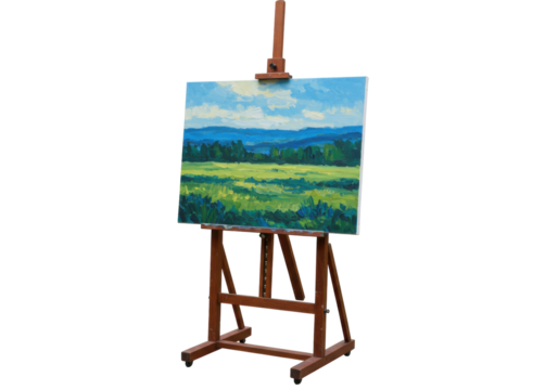 Isolated painting of a landscape on an easel, vivid colors, field, hills, and cloudy sky scene