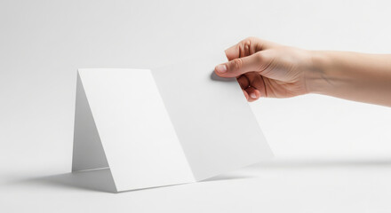 Fototapeta premium Hand holding blank white folded paper, brochure, or card mockup on a clean background.