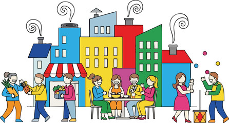 Diverse Group Of People Enjoying A Vibrant City Street Scene With Colorful Buildings And Outdoor Dining