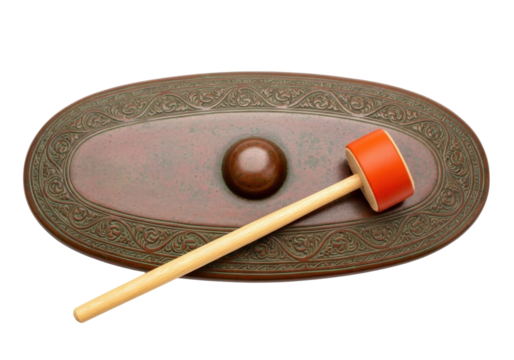 Isolated ceremonial gong with striking mallet for traditional meditation or relaxation, sound therapy