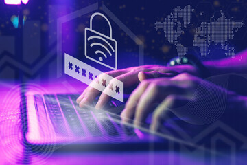 Hands typing on laptop keyboard with digital padlock and password icons. Digital security concept