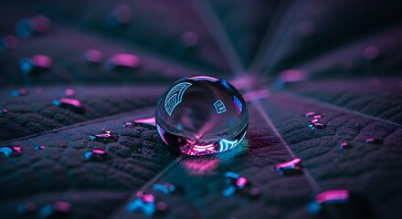 Refractive sphere on vibrant leaf with water droplets creating abstract visual art and futuristic neon lighting enhancing textures