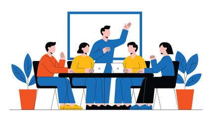 flat design illustration of business team in meeting with laptops, presenter, screen, and plants in modern office setting
