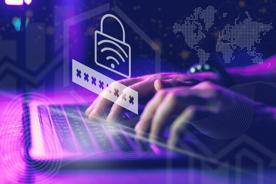 Hands typing on laptop keyboard with digital padlock and password icons. Digital security concept