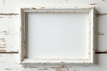 Distressed white wood frame, shabby chic style, empty , aged, white background