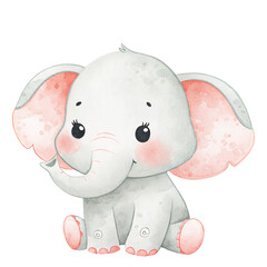 Cute watercolor baby elephant illustration in soft pastel colors for nursery designs