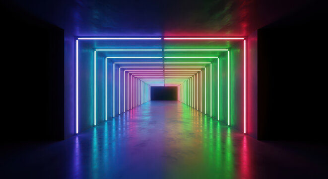 Neon light tunnel, colorful glow, geometric lines, futuristic background