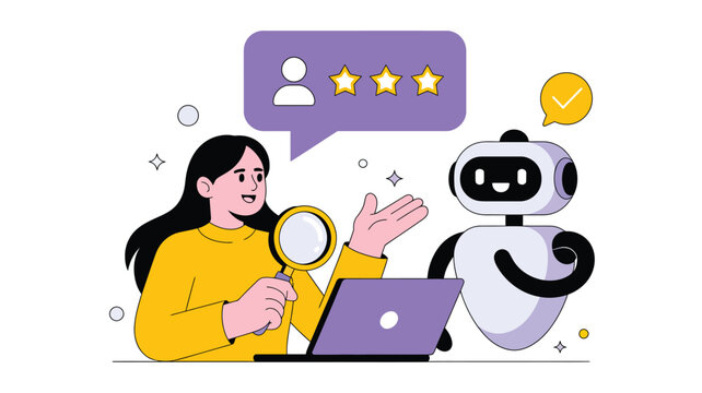 cartoon woman interacting with friendly robot beside laptop, showing positive feedback, trust, and ai collaboration