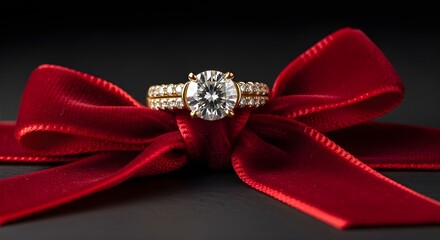 Diamond ring resting gently in folded red ribbon, soft reflections on metal band, romantic and elegant composition, perfect for love, celebration, and jewelry themes.