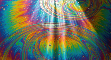 Vibrant iridescent soap film pattern with swirling rainbow colors and bubbles