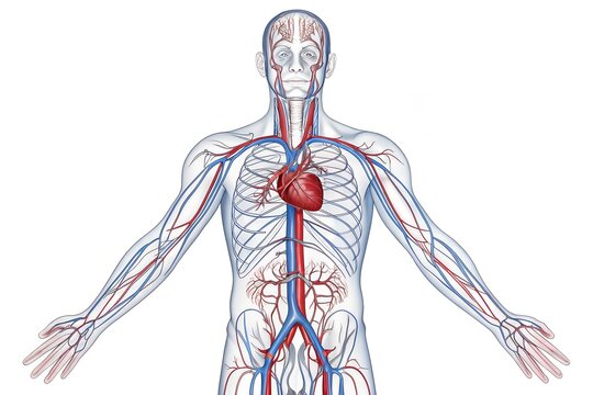 Detailed anatomical illustration of the human circulatory system showing the heart arteries veins and blood vessels throughout the entire body on a white background
