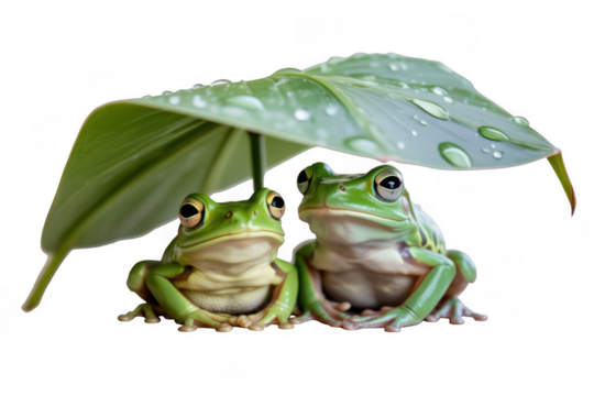Two green frogs sheltering under a wet leaf on Transparent Background black background water drops 1