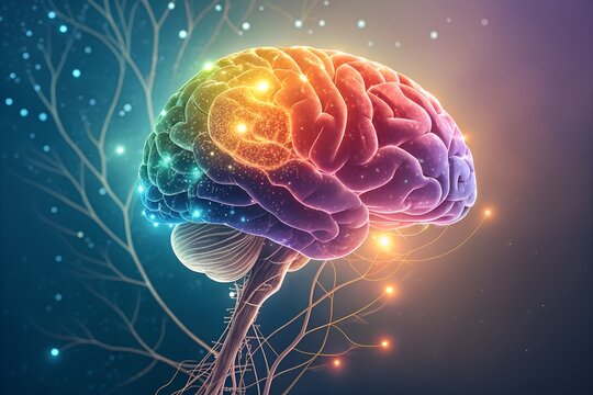 Vibrant glowing human brain with intricate neural network connections and synapses symbolizing intelligence cognition and the power of thought in a futuristic abstract and colorful digital art