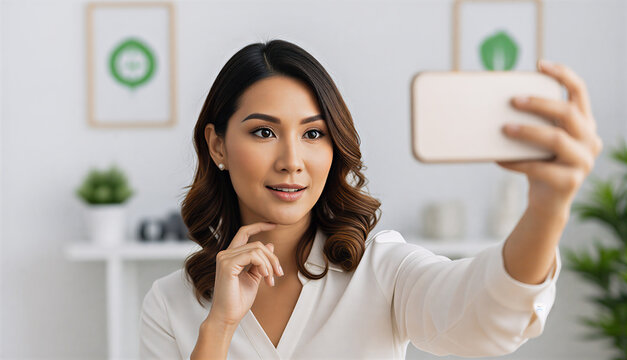 Asian entrepreneur filming vlog with phone in contemporary office