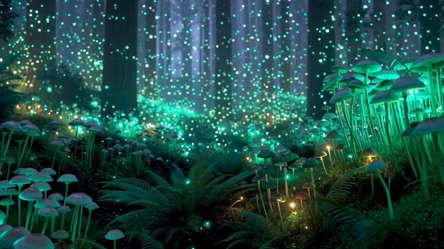 A mystical forest scene with glowing mushrooms and plants in shades of green and blue, with a magical atmosphere of twinkling lights.