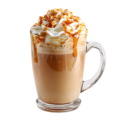 Delicious Caramel Latte with Cream on White Background for Ads, Blogs, and Menus