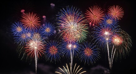 Fototapeta premium Spectacular fireworks display illuminating the night sky during a festive celebration with vibrant colors and dynamic patterns creating a magical atmosphere