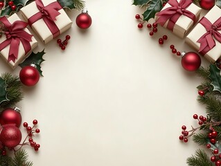 Christmas theme background with green ribbon and gift boxes on beige surface, minimalist flat lay design with empty center space. Both sides decorated with small red ornaments and holly berries, 