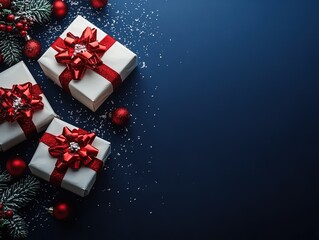 Elegant Christmas composition with white gift boxes and red bows on navy blue background, creating festive atmosphere for holiday advertising and promotional materials. Ultra-realistic high resolution