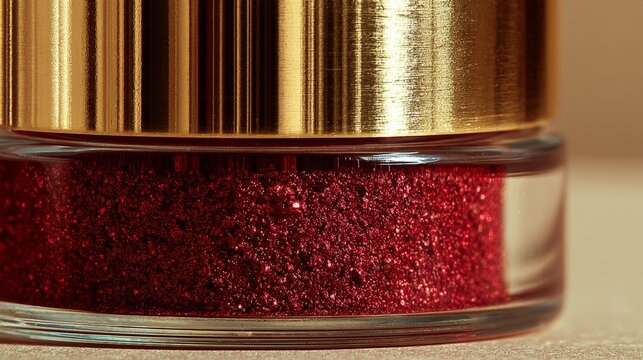Close-up of a glass jar containing red glitter with a gold lid, highlighting the shimmering texture and vibrant color, perfect for crafts and artistic endeavors