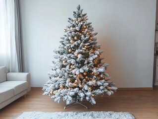 Decorated Christmas tree with lights and snowflakes in empty room, featuring white walls and a sofa. Festive holiday scene suitable for greeting cards, social media posts, advertising banners, 