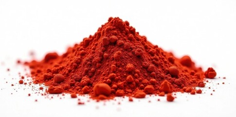 Mounded red clay powder, fine texture, stark white backdrop, earthy, red clay